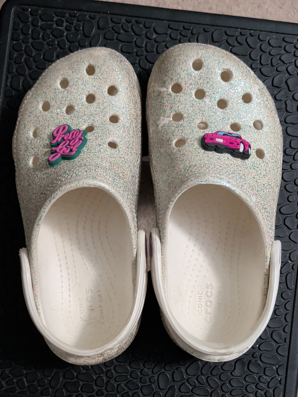CROCS Kids Glitter Clog in White with Pink Charms